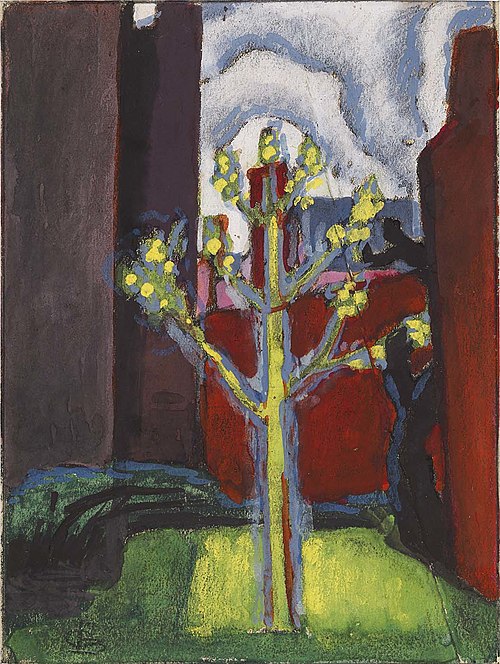 Young Tree in Red Courtyard, 1919, Oscar Florianus Bluemner