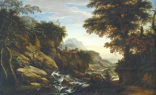 Mountainous forest landscape with a view of a castle, 1673, Renier Megan