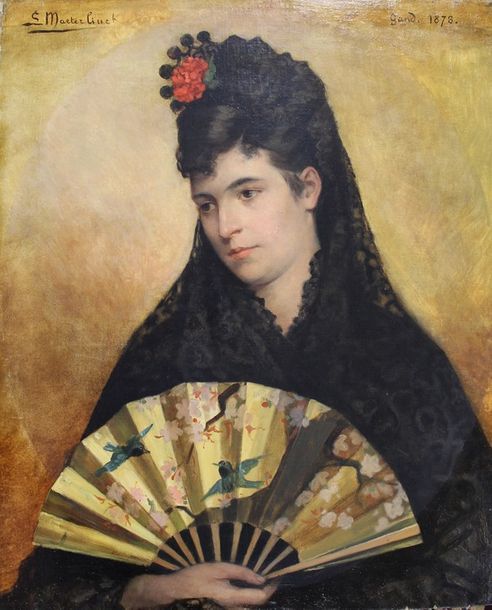 Portrait of a woman with a fan, 1878, Louis Maeterlinck