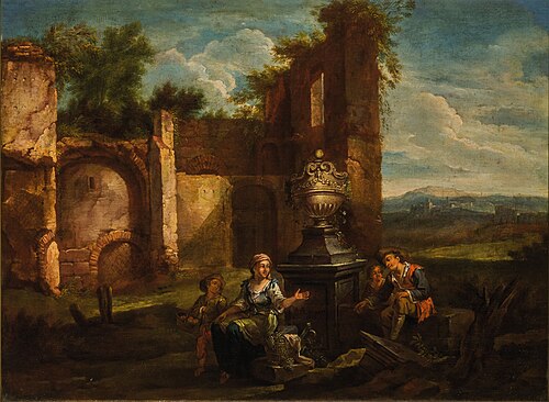 Landscape with ruins and fruit sellers, 1736, Ignatius de Beckers