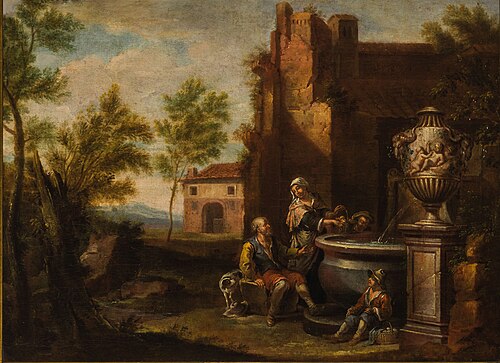 Landscape with ruins and figures near a well, 1736, Ignatius de Beckers