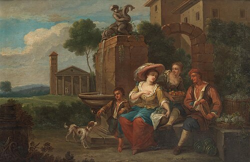 Fruit sellers with a dog, 1744, Ignatius de Beckers