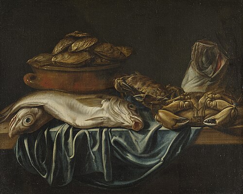 Carp, stockfish, crab on a table and oysters in a crock pot, 1650, Pieter van den Bemden