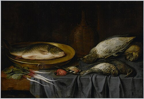 Dead birds, a fish on a copper platter, a bottle of wine and root vegetables on a draped table, 1650, Pieter van den Bemden