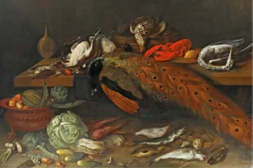Still life with peacock, fish, vegetables and fruit, 1650, Pieter van den Bemden
