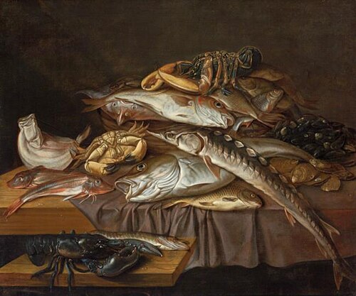 Still life of fish with sea and freshwater fish, crabs and lobsters, 1650, Pieter van den Bemden