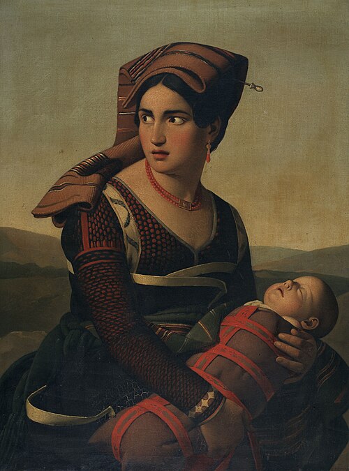 Robber woman with child on the run, 1834, Adolphe Bernard