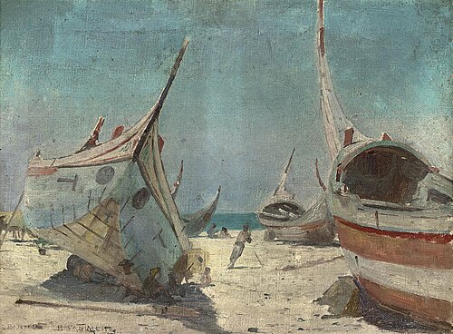 Fishermen sheltering at their boats, Espinho, Portugal, 1905, Henri Van Melle