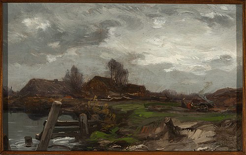 Landscape – Cottages at waterside, 1895, Roman Kochanowski