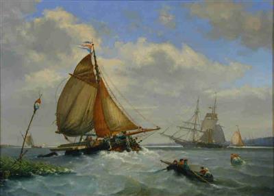 Een tjalk geladen met houten balken op de rede van Dordrecht, 1870, Petrus Van der Velden