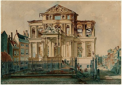 Aquarel van Het Schielandshuis na de brand van 18 februari 1864, 1864, Petrus Van der Velden