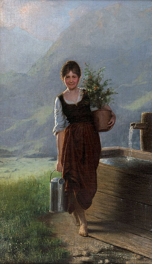 Mädchen mit Gießkanne und Topfpflanze, , Alois Binder