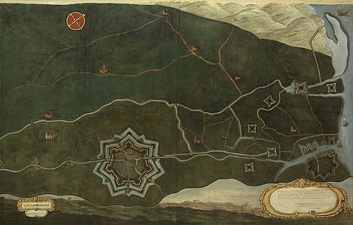 Kaart van Damme en de Spaanse grensforten bij Sluis, 1660, Jacques Lobberecht
