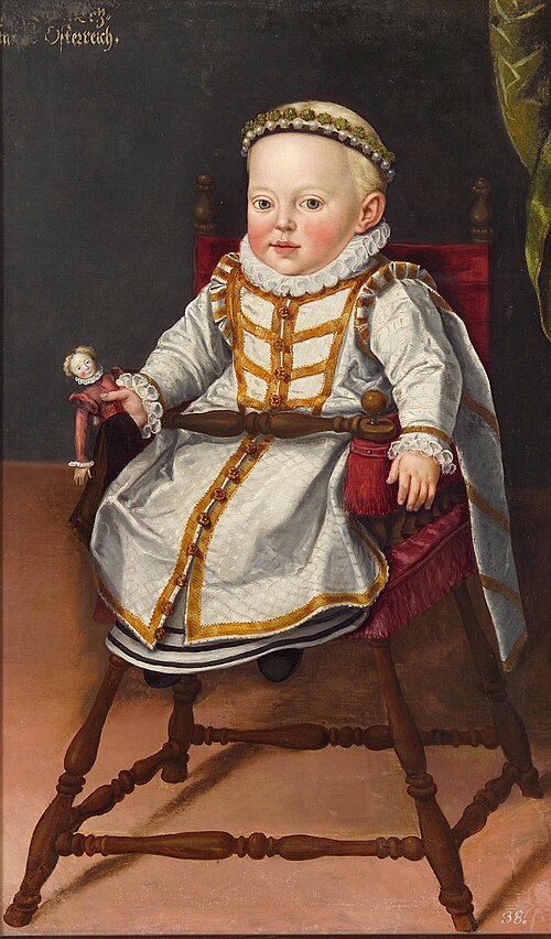 Erzherzogin Katharina Renea (1576-1595) im Alter von einem Jahr in einem Kindersessel sitzend mit ei, 1577, Cornelis Vermeyen