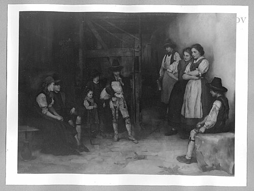 Dudelsackbläser und bäuerliche Gruppe in einer Scheune, 1873, Rudolf Hirth du Frênes