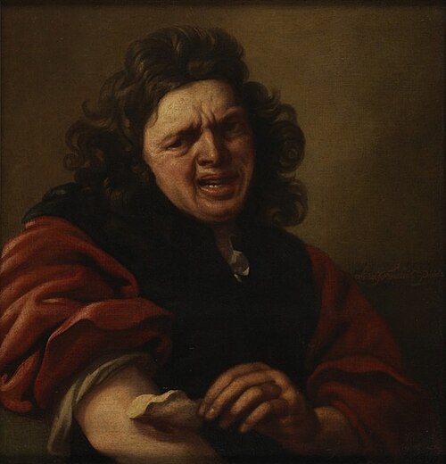 The sense of touch (man removing a plaster), 1650, Lucas Franchoys le Jeune