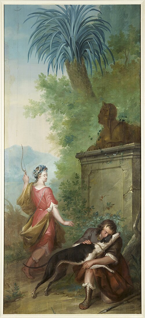 Behangsel met Dorinda die Silvio zijn hond Melampo teruggeeft, 1742, Aert Schouman