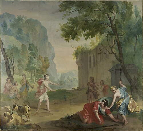Behangsel met Amaryllis die het blindemanspel speelt, 1742, Aert Schouman