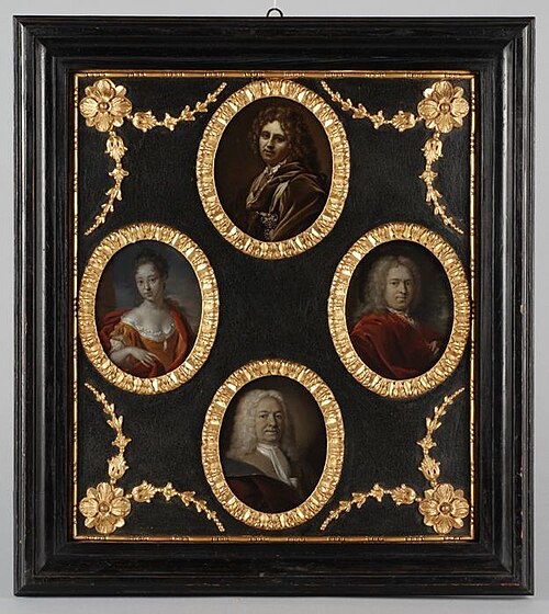 Vier portretjes uit de families Brouwer en Van der Werff bij elkaar in één lijst, 1741, Aert Schouman