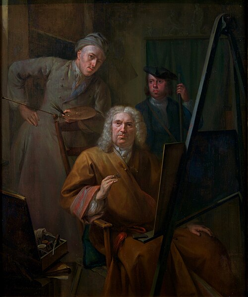 Portrait of Cornelis van Lill, his grandson and the painter himself, 1735, Aert Schouman