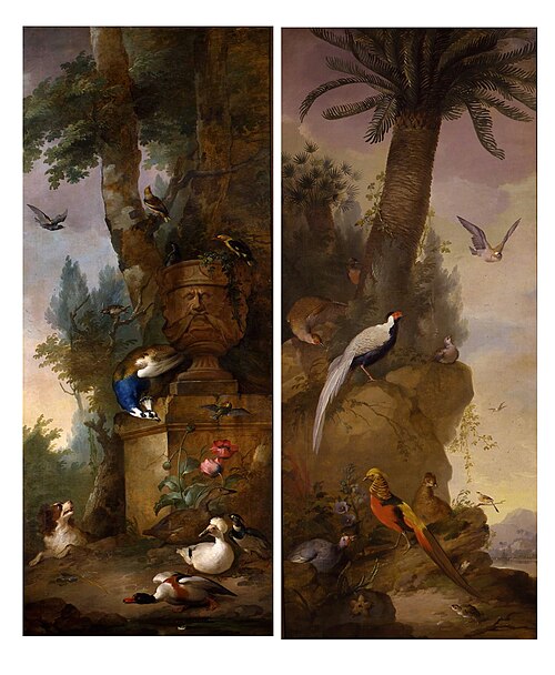 A peacock and ducks, chased by a dog in a park-like landscape, 1761, Aert Schouman
