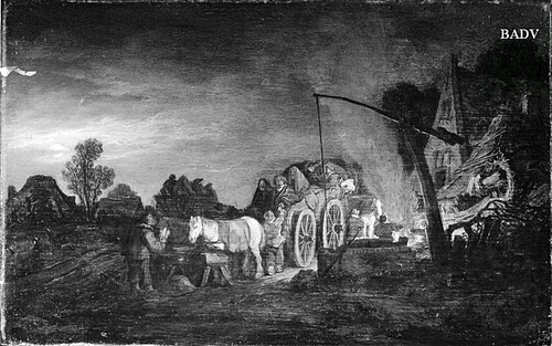 Nächtlicher Halt eines Bauernfuhrwerkes vor einer Schenke, 1641, Isaac van Ostade