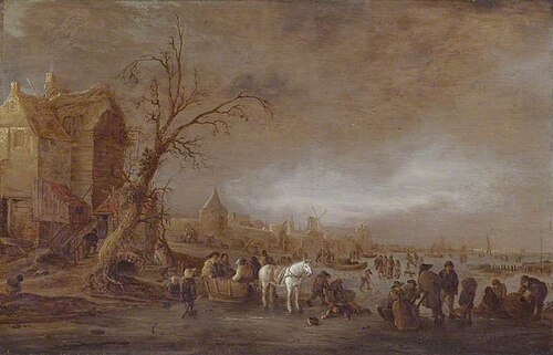 Winter Scene, with Figures on a Frozen River in front of a Walled Town, 1642, Isaac van Ostade
