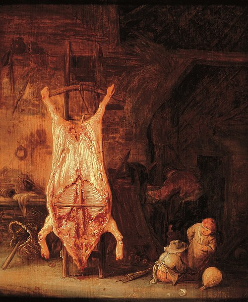 Barn with a slaughtered pig, 1644, Isaac van Ostade