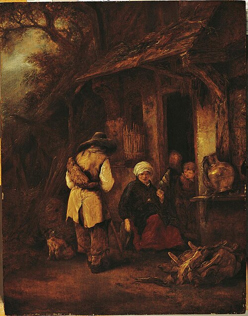 Traveler approaching a seated woman at a farm, 1648, Isaac van Ostade