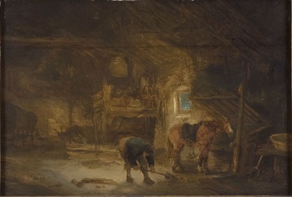 Barn interior with peasant and horse, 1640, Isaac van Ostade