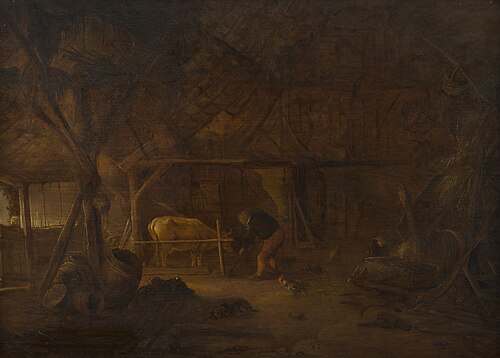 Barn interior with two peasants and a cow, 1644, Isaac van Ostade