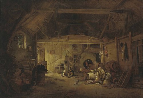 A barn interior with two children eating and a man working, 1641, Isaac van Ostade