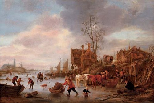 A winter landscape with villagers on a frozen canal, 1642, Isaac van Ostade