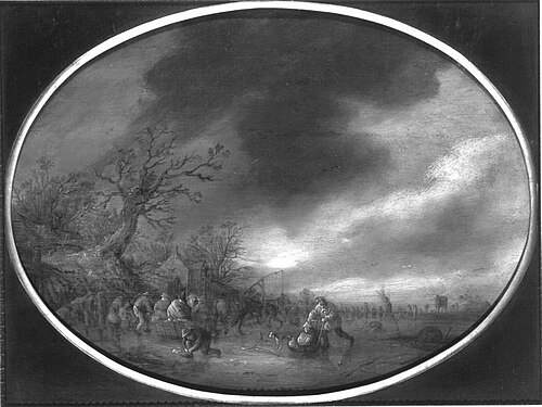 Winter Landscape with Activities on Ice, 1635, Isaac van Ostade