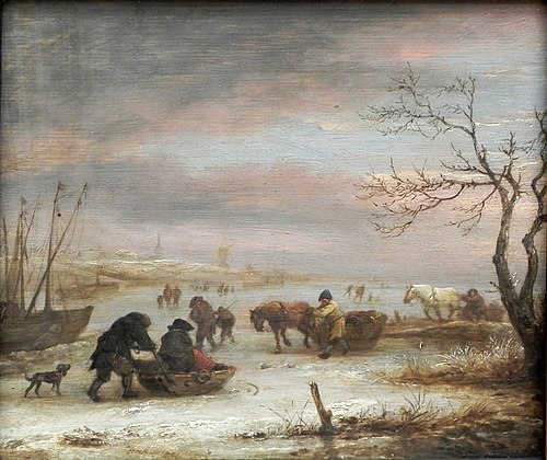 Winter Landscape with Skaters and Frozen Boats, 1640, Isaac van Ostade