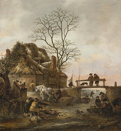 Winter landscape with a cottage near a bridge, 1645, Isaac van Ostade