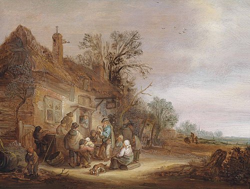 Peasants and musicians outside a tavern, 1640, Isaac van Ostade