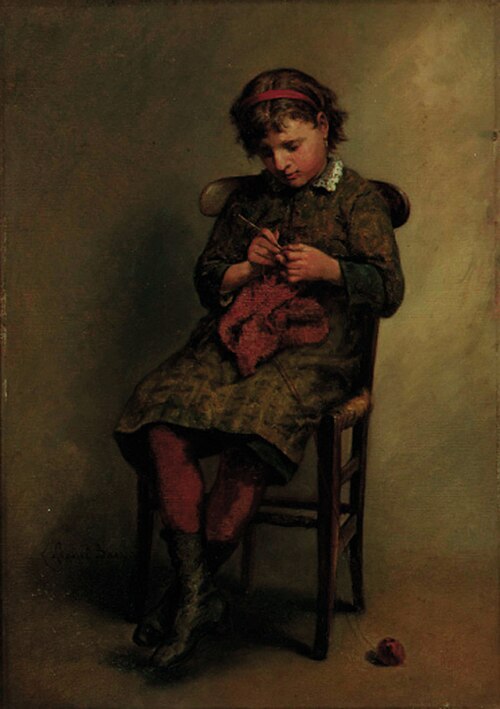 Young girl knitting, 1886, Lionel Baes