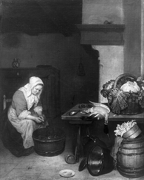 The kitchen, 1662, Caspar Netscher