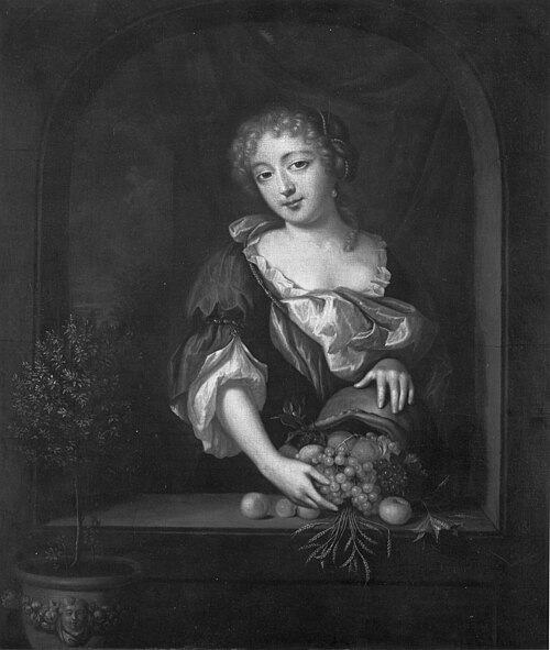 Woman at window with fruits, 1669, Caspar Netscher