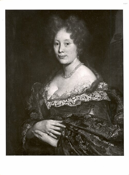 Brustbild einer Dame im Spitzenkleid und blauem Umhang, 1664, Caspar Netscher