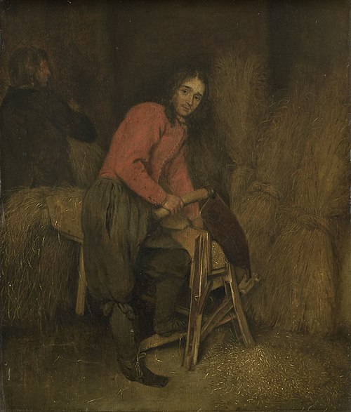Trimming bales of hay, 1672, Caspar Netscher