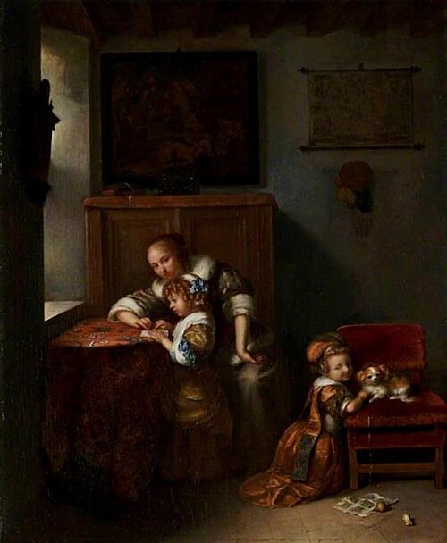 A Lady teaching a Child to Read, 1674, Caspar Netscher