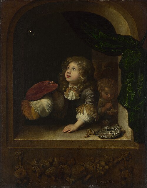 Two Boys blowing Bubbles, 1670, Caspar Netscher