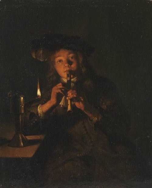 Boy Playing the Flute by Lamplight, 1664, Caspar Netscher
