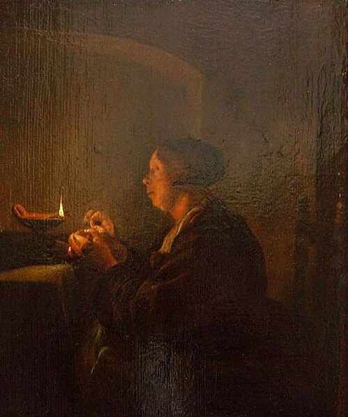 A woman sewing near an oil lamp, 1655, Caspar Netscher