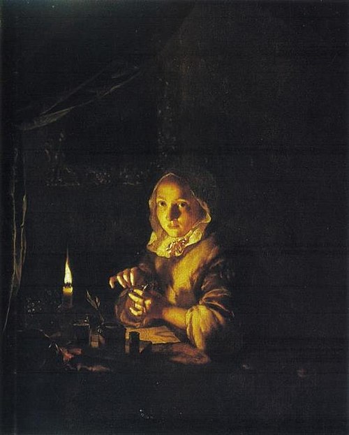 Young woman winding up a watch by candlelight, 1665, Caspar Netscher