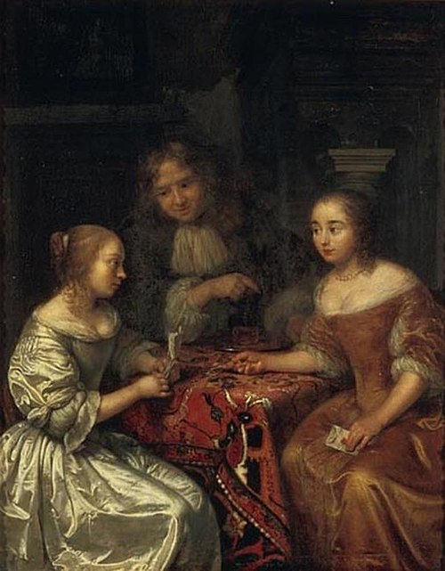 Two Ladies and a Gentleman discussing a Letter, 1664, Caspar Netscher