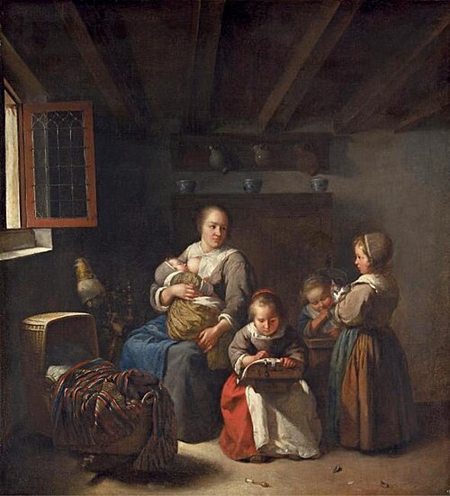Nursing mother with three girls, 1675, Caspar Netscher