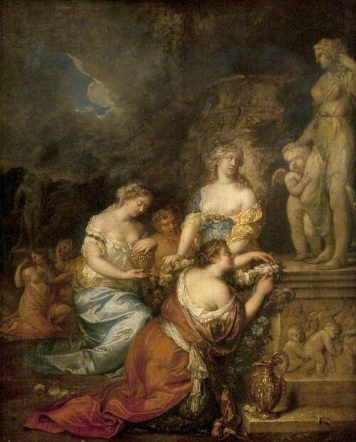 Nymphs Laying Offerings before a Statue of Venus and Cupid, 1679, Caspar Netscher